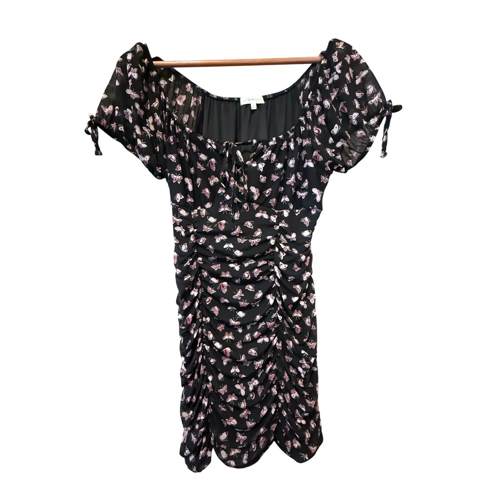 Ultra Flirt‎ Black Butterfly Ruched Off Shoulder Mini Dress Large